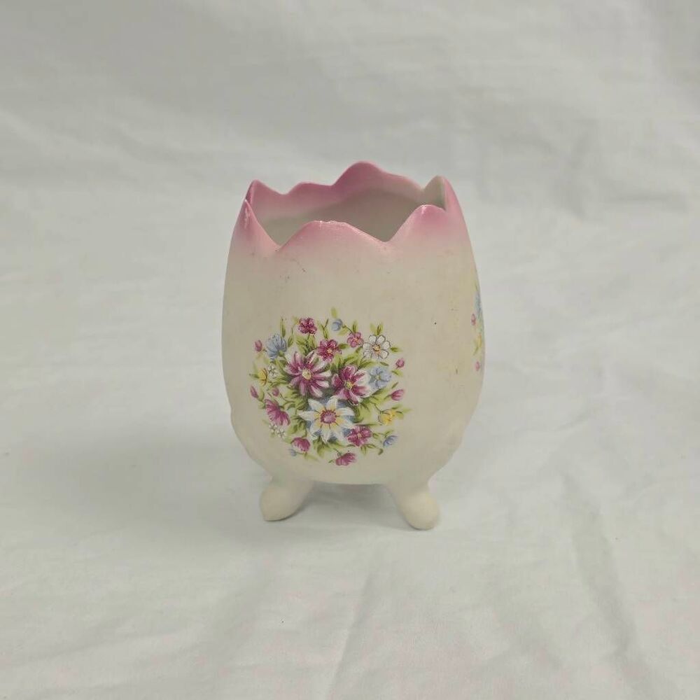Vintage Pink Floral Egg Vase on Tripod Feet Ceramic